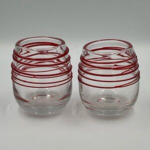 2 Hand Blown Art Glass Candle Votive Holders Clear With Red Spun Glass Accents